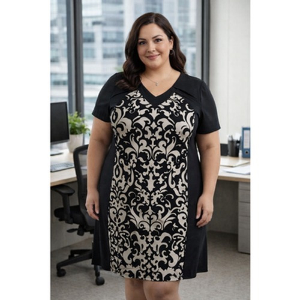 2/$30 EnFocus Dress 18W Black Damask Print Faux Wrap Sheath 2 in 1 Jacket Office